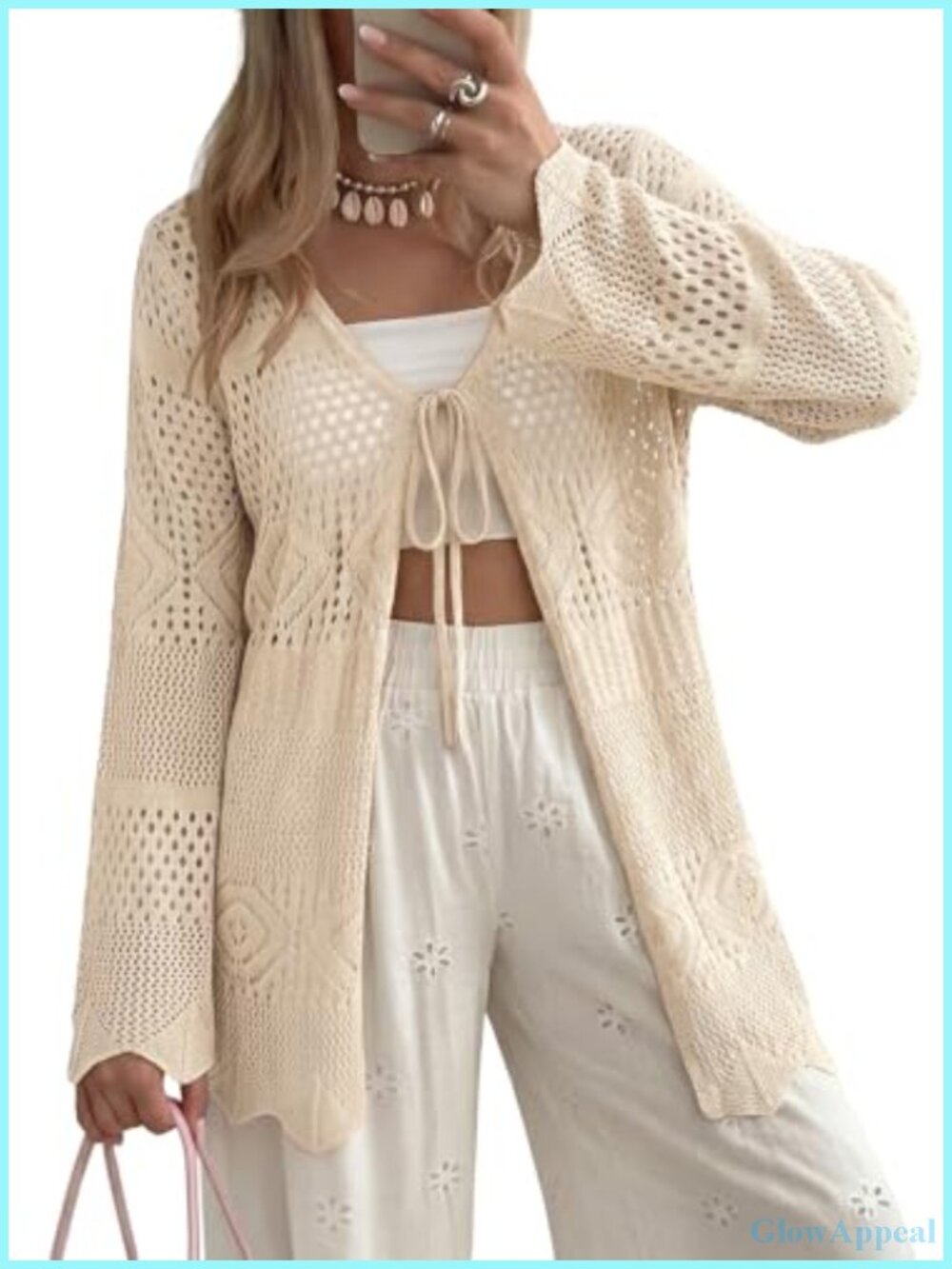 Crochet Tie Front Cardigan Long Sleeve Boho Hollow Out Lightweight Summer Beach